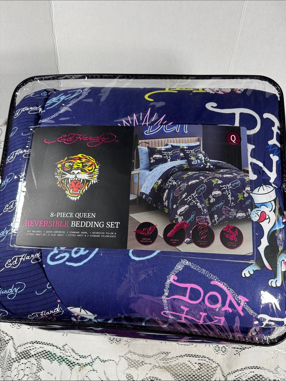 Ed Hardy Queen 8 Piece Reversible Comforter Bedding Set Blue Cartoon Bunny & Cat